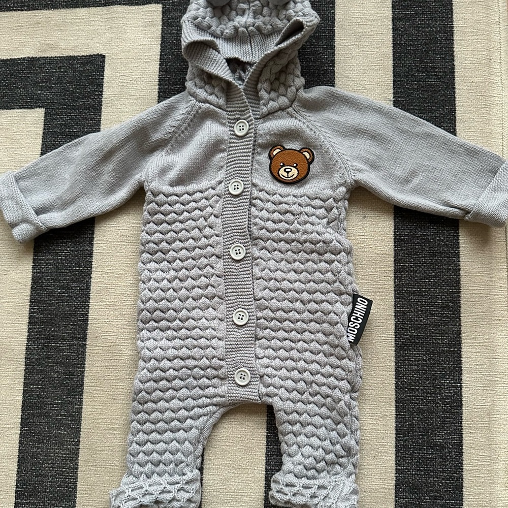 Moschino Baby Grey Knit Hooded Romper